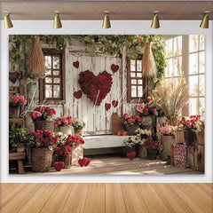 Lofaris Rustic Wooden Wall Valentine’s Day Backdrop with Red Roses Floral Heart and Window Decor Romantic Photo Background