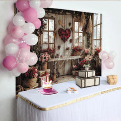 Lofaris Rustic Wooden Wall Valentines Day Backdrop with Red Rose Heart Pink Flowers and Vintage Windows