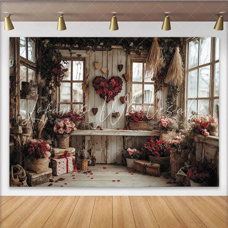 Lofaris Rustic Wooden Wall Valentines Day Backdrop with Red Rose Heart Pink Flowers and Vintage Windows