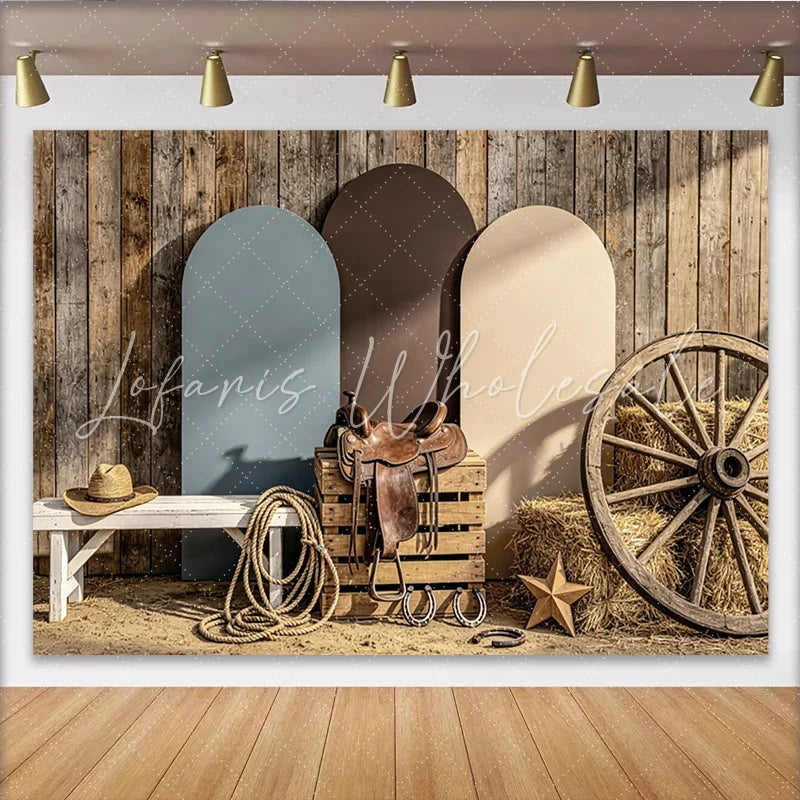Lofaris Rustic Wooden Wall Western Photography Backdrop with Arched Panels and Wagon Wheel Country Farm Studio Background for Photoshoot
