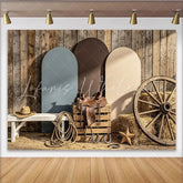 Lofaris Rustic Wooden Wall Western Photography Backdrop with Arched Panels and Wagon Wheel Country Farm Studio Background for Photoshoot