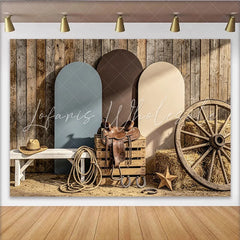 Lofaris Rustic Wooden Wall Western Photography Backdrop with Arched Panels and Wagon Wheel Country Farm Studio Background for Photoshoot