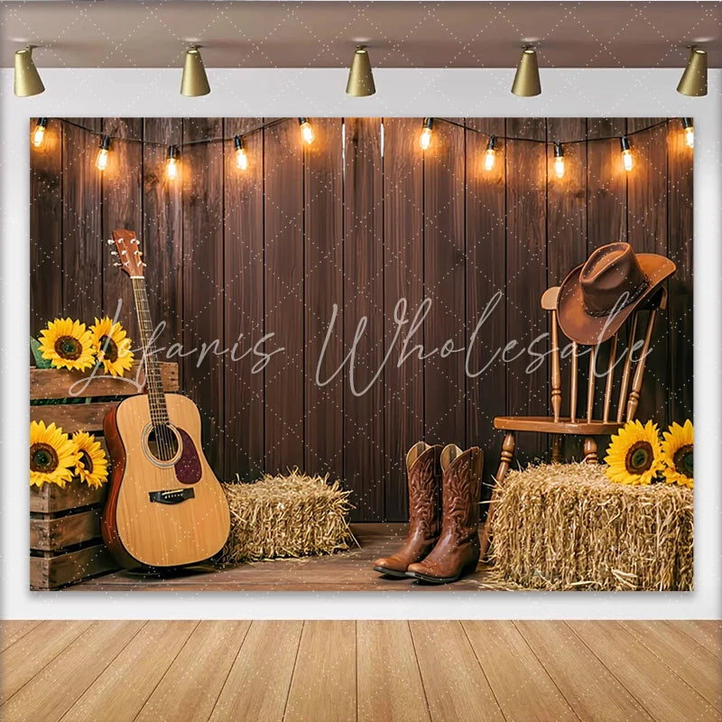 Lofaris Rustic Wooden Wall Western Photography Backdrop with String Lights and Guitar Country Farm Photo Background for Studio Portrait