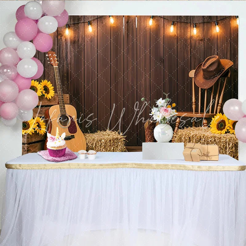 Lofaris Rustic Wooden Wall Western Photography Backdrop with String Lights and Guitar Country Farm Photo Background for Studio Portrait