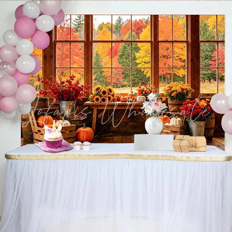 Lofaris Rustic Wooden Window Autumn Backdrop with Pumpkins and Sunflowers Fall Foliage Background for Thanksgiving Decor