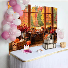 Lofaris Rustic Wooden Window Autumn Backdrop with Pumpkins and Sunflowers Fall Foliage Background for Thanksgiving Decor
