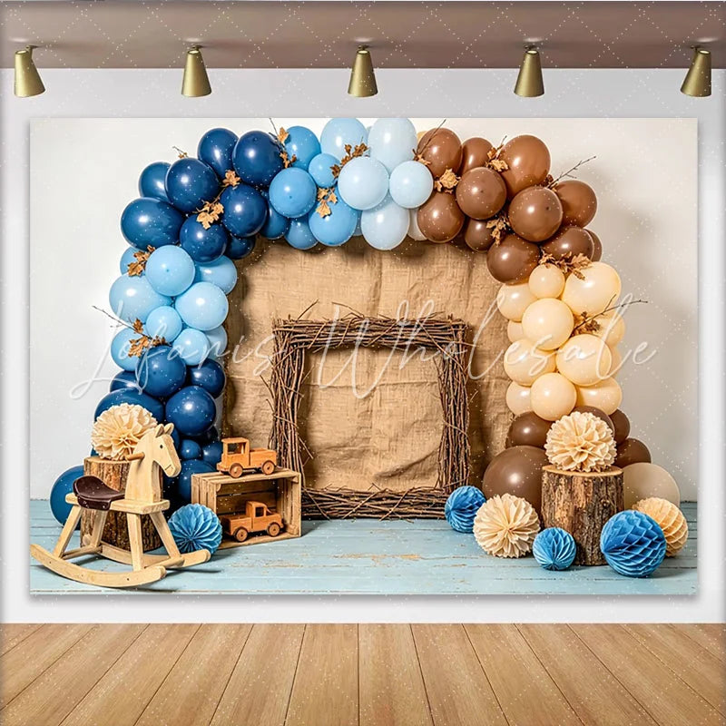 Lofaris Rustic Woodland Baby Shower Backdrop with Blue and Brown Balloons Charming Photography Background for Boy or Girl Party Decor