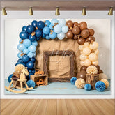 Lofaris Rustic Woodland Baby Shower Backdrop with Blue and Brown Balloons Charming Photography Background for Boy or Girl Party Decor