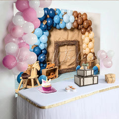 Lofaris Rustic Woodland Baby Shower Backdrop with Blue and Brown Balloons Charming Photography Background for Boy or Girl Party Decor