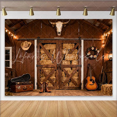 Lofaris Rustikale Scheune Holzwände Heuballen Partyhintergrund für Western Country Party mit Cowboyhut Stiefel und Gitarre