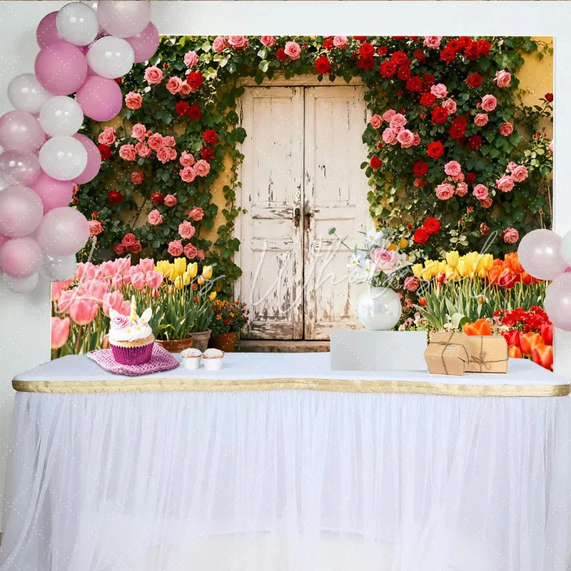 Lofaris Rustikaler Garten-Fotohintergrund mit Rosen und Tulpen für Frühlings- und Sommerpartys romantische Kulisse