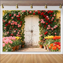 Lofaris Rustikaler Garten-Fotohintergrund mit Rosen und Tulpen für Frühlings- und Sommerpartys romantische Kulisse
