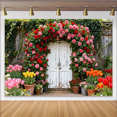 Lofaris Rustikaler Garten Partyhintergrund mit Rosenbogen und Tulpen weiße Holztür ideal für Frühlings- und Sommerfeste