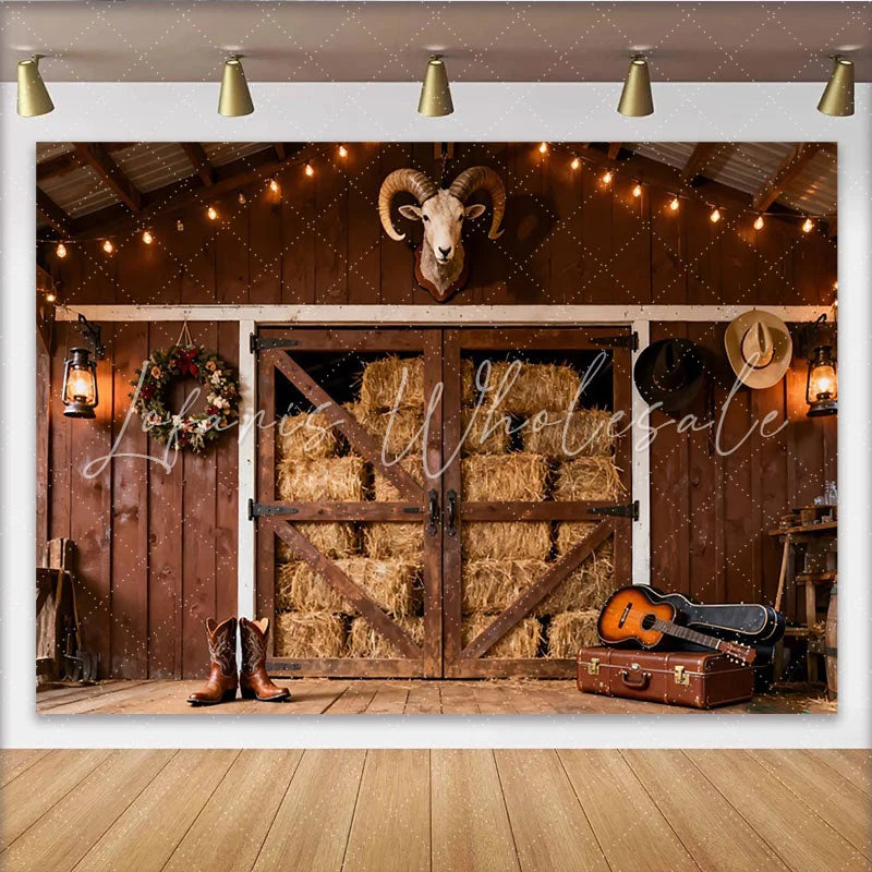 Lofaris Rustikaler Western-Scheunen-Hintergrund mit Heu Lichterkette und Cowboy-Elementen für Country-Partys und Fotoshootings