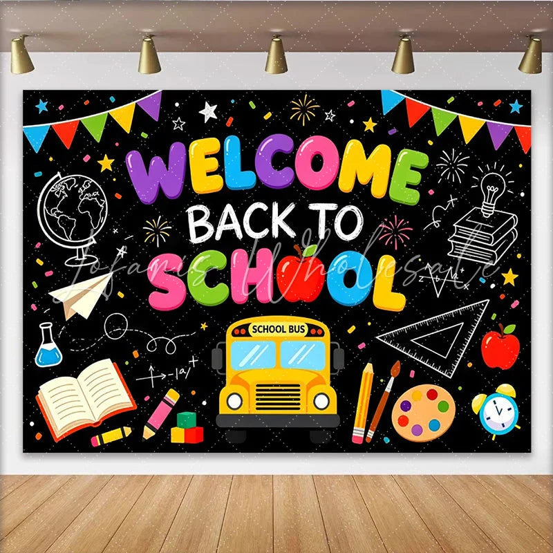 Lofaris’s Colorful Welcome Back to School Backdrop with School Bus and Books Educational Party Decor for Classroom and Photoshoot