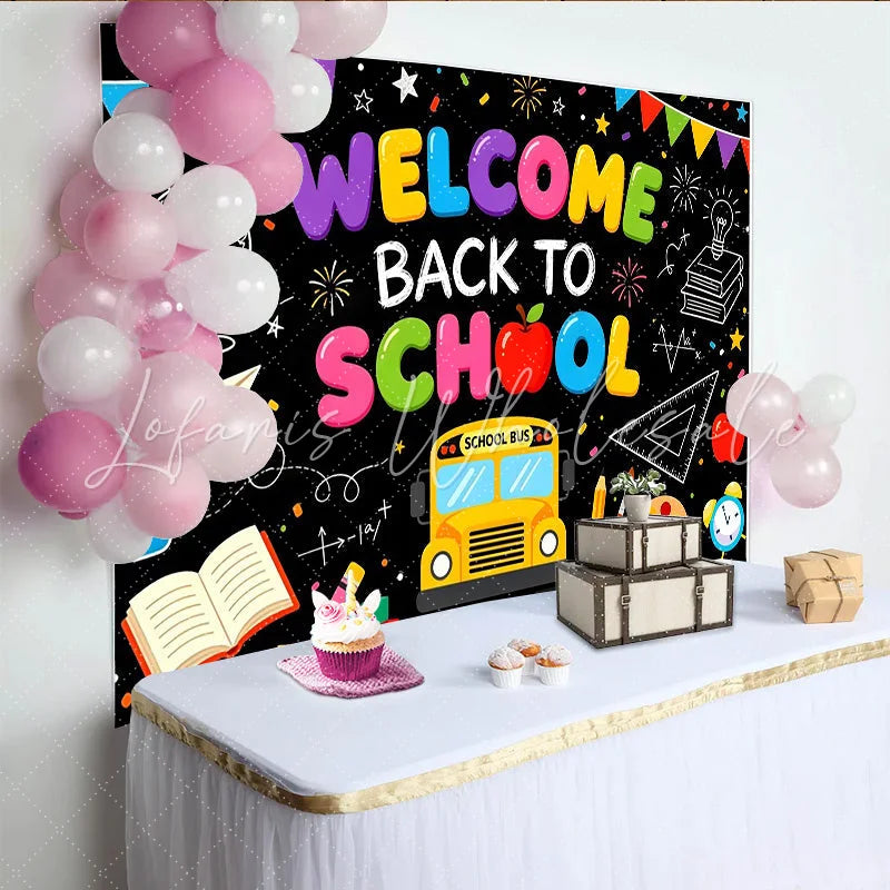 Lofaris’s Colorful Welcome Back to School Backdrop with School Bus and Books Educational Party Decor for Classroom and Photoshoot