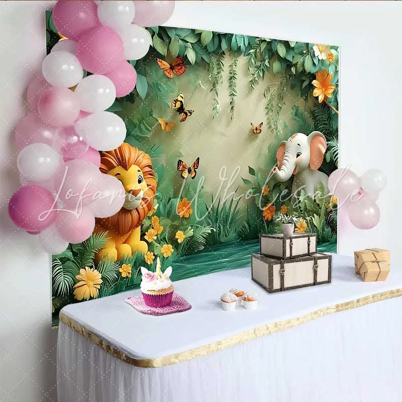 Lofaris Safari Animal Jungle Forest Backdrop Cute Lion and Elephant Banner for Birthday Cake Smash