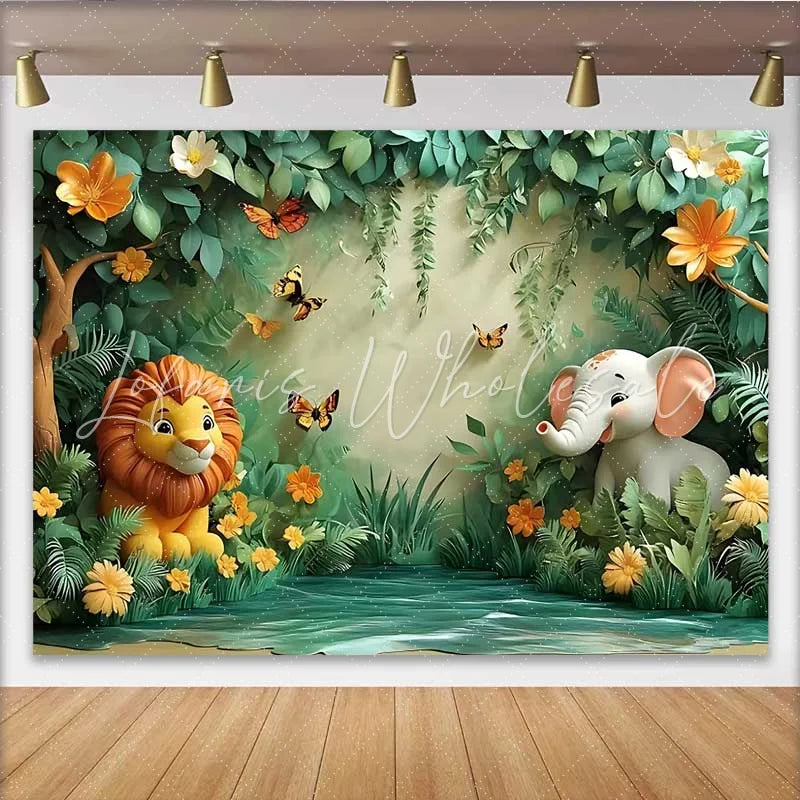 Lofaris Safari Animal Jungle Forest Backdrop Cute Lion and Elephant Banner for Birthday Cake Smash