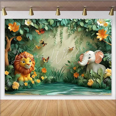 Lofaris Safari Animal Jungle Forest Backdrop Cute Lion and Elephant Banner for Birthday Cake Smash