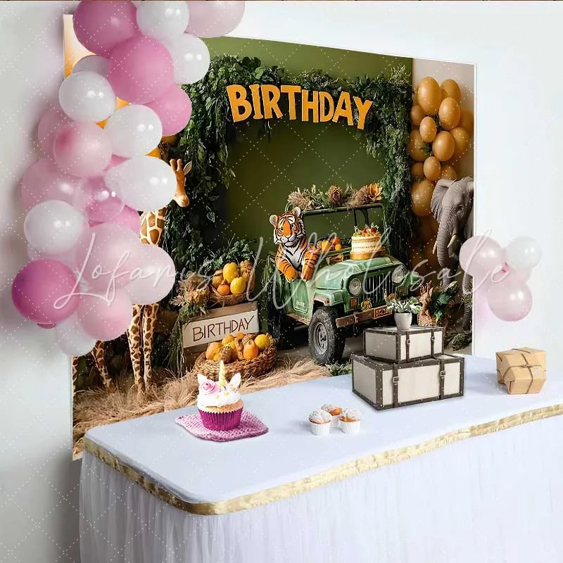 Lofaris Safari Jeep Adventure Birthday Backdrop Jungle Animal and Balloon Party Banner for Boy