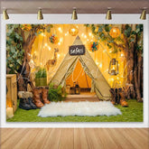Lofaris Safari Tent and Trees Birthday Cake Smash Backdrop with Giraffe String Lights Wild One Adventure Party Decor
