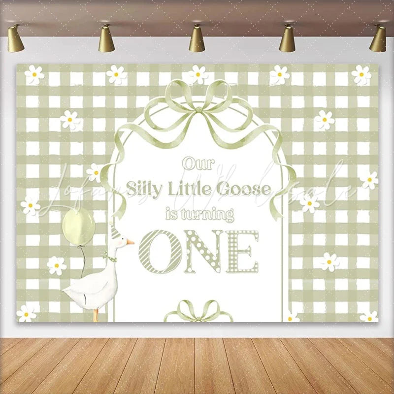Lofaris Sage Green Gingham Silly Little Goose First Birthday Backdrop Whimsical Baby One Year Party Decor