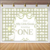 Lofaris Sage Green Gingham Silly Little Goose First Birthday Backdrop Whimsical Baby One Year Party Decor