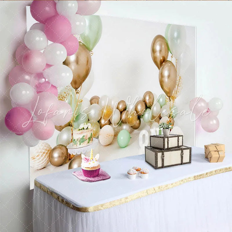 Lofaris Sage Green Gold Balloon First Birthday Cake Smash Backdrop White ONE Letters Boy Girl Party Background