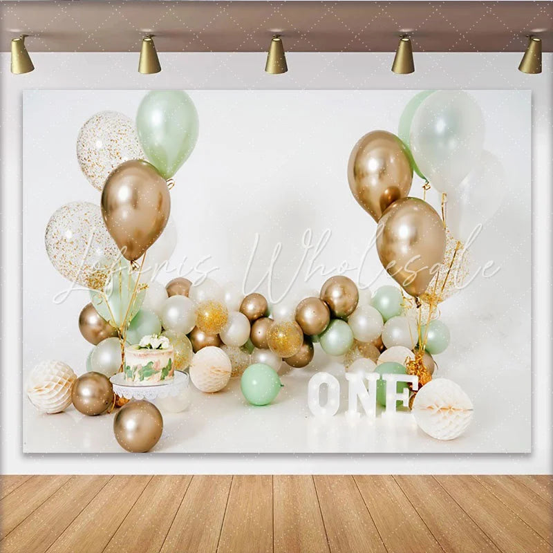 Lofaris Sage Green Gold Balloon First Birthday Cake Smash Backdrop White ONE Letters Boy Girl Party Background