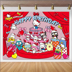 Lofaris Sanrio All-Stars Happy Birthday Backdrop Hello Kitty and Friends Comic Style Red Cartoon Party Photo Booth