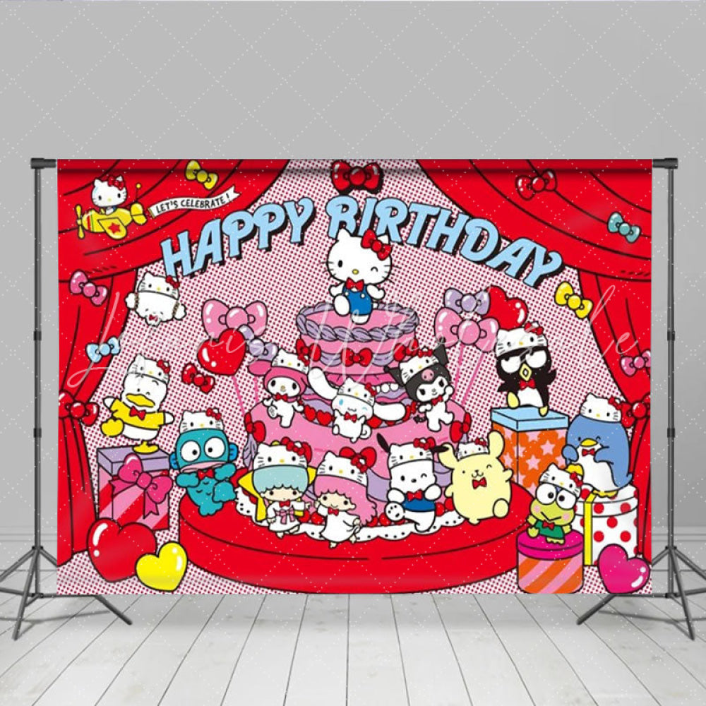 Lofaris Sanrio All-Stars Happy Birthday Backdrop Hello Kitty and Friends Comic Style Red Cartoon Party Photo Booth