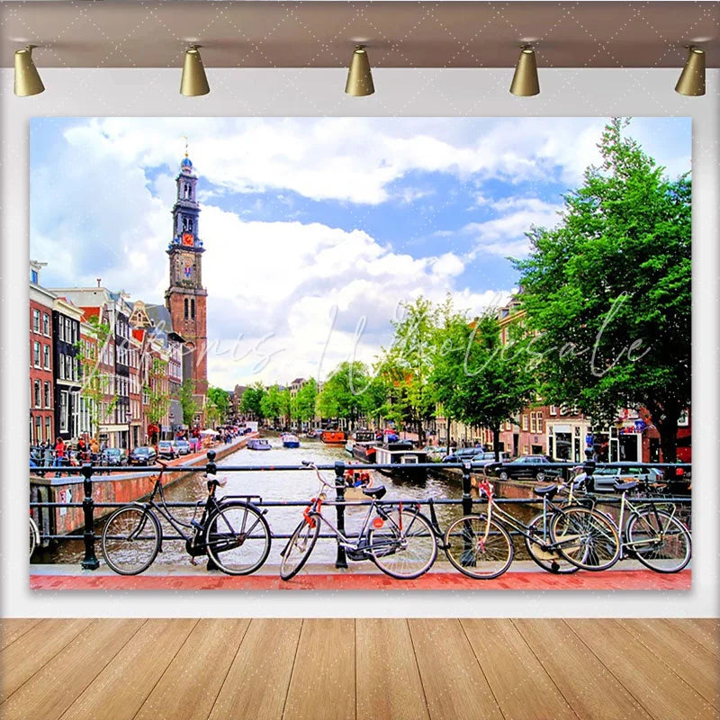 Lofaris Scenic Canal City Photography Backdrop with Bicycles Vibrant European Street Scene Background for Studio Portrait