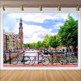 Lofaris Scenic Canal City Photography Backdrop with Bicycles Vibrant European Street Scene Background for Studio Portrait