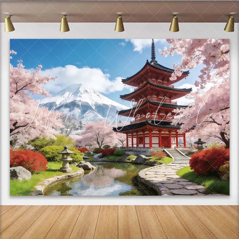 Lofaris Scenic Japanese Landscape Photography Backdrop with Red Pagoda and Cherry Blossoms Beautiful Studio Background for Spring Photoshoot