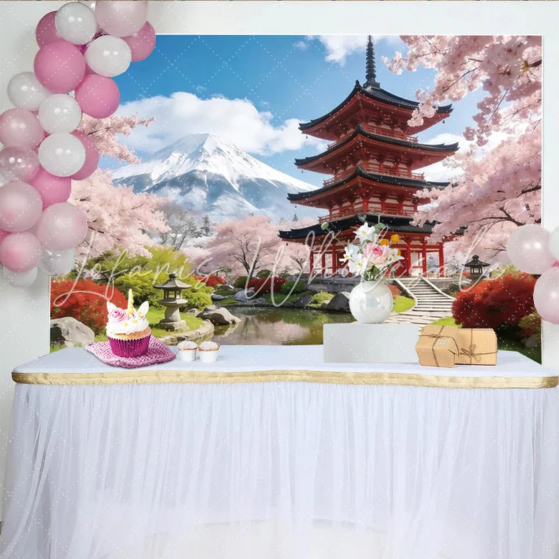 Lofaris Scenic Japanese Landscape Photography Backdrop with Red Pagoda and Cherry Blossoms Beautiful Studio Background for Spring Photoshoot