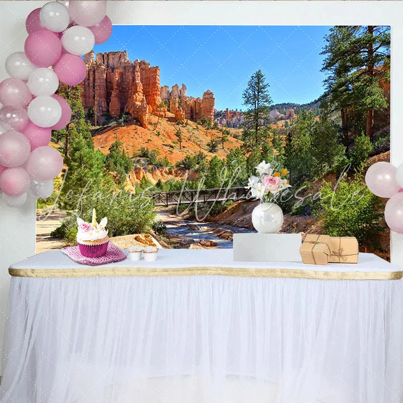 Lofaris Scenic Red Rock Canyon Natural Scenery Backdrop with Pine Trees Vibrant Landscape Photography Background for Studio