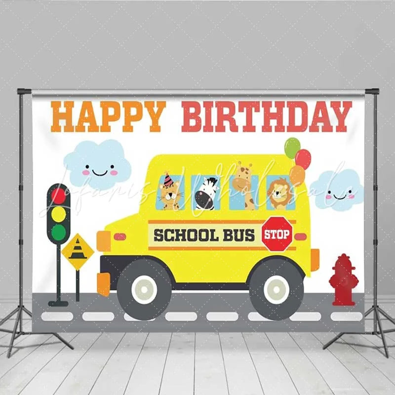Lofaris School Bus Animals Birthday Backdrop Safari Friends and Traffic Light Party Background for Kids