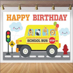 Lofaris School Bus Animals Birthday Backdrop Safari Friends and Traffic Light Party Background for Kids