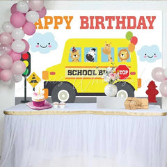 Lofaris School Bus Animals Birthday Backdrop Safari Friends and Traffic Light Party Background for Kids