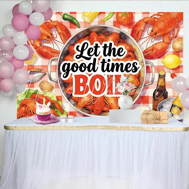 Lofaris Seafood Boil Holiday Backdrop with Crawfish and Red Checkered Tablecloth Festive Party Decor for Summer Gathering