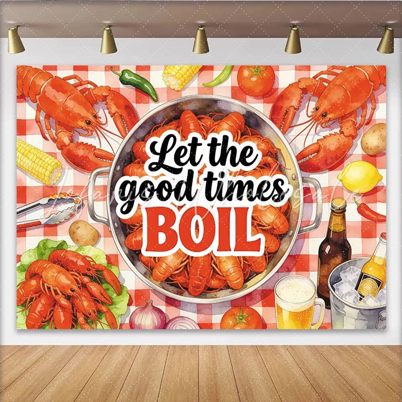 Lofaris Seafood Boil Holiday Backdrop with Crawfish and Red Checkered Tablecloth Festive Party Decor for Summer Gathering