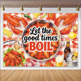 Lofaris Seafood Boil Holiday Backdrop with Crawfish and Red Checkered Tablecloth Festive Party Decor for Summer Gathering
