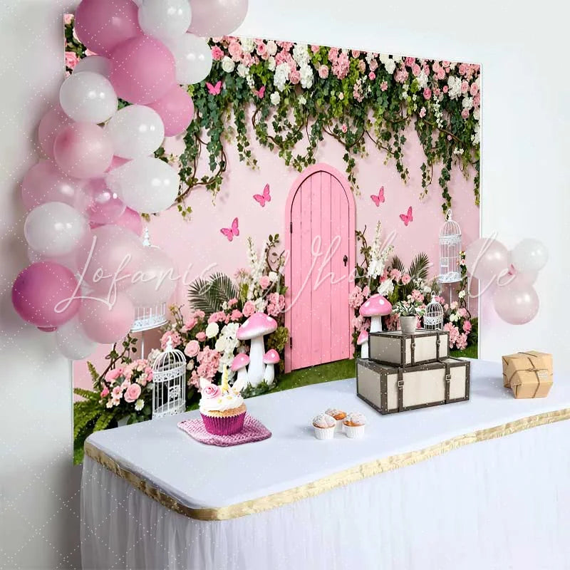 Lofaris Secret Pink Door and Spring Floral Vines Backdrop Fairy Garden Mushroom Birthday Photography Background