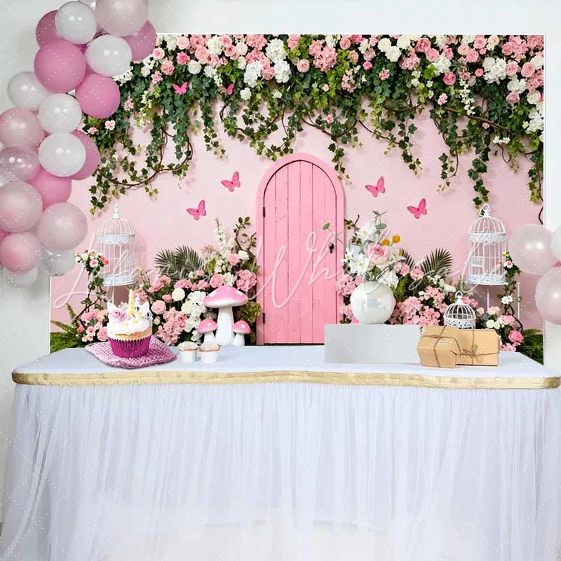 Lofaris Secret Pink Door and Spring Floral Vines Backdrop Fairy Garden Mushroom Birthday Photography Background
