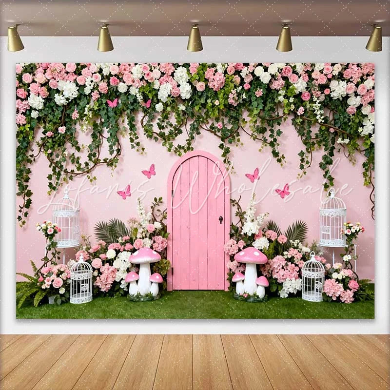 Lofaris Secret Pink Door and Spring Floral Vines Backdrop Fairy Garden Mushroom Birthday Photography Background