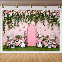 Lofaris Secret Pink Door and Spring Floral Vines Backdrop Fairy Garden Mushroom Birthday Photography Background