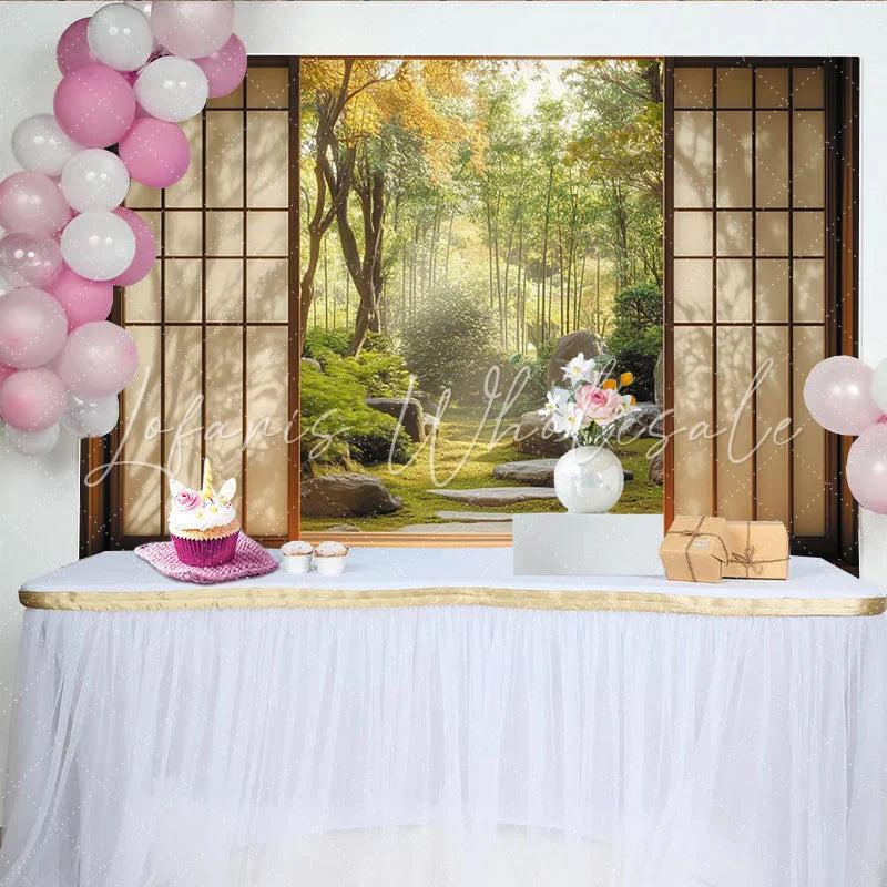 Lofaris Serene Japanese Garden Photography Backdrop with Shoji Screen View Lush Green Moss and Bamboo Forest Background for Studio Portraits
