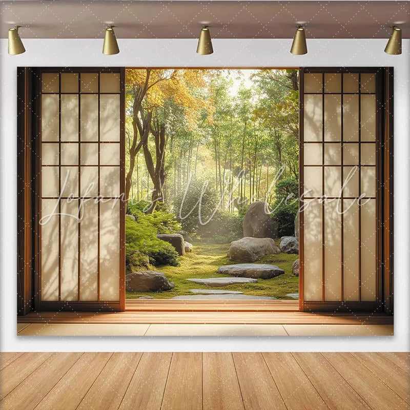 Lofaris Serene Japanese Garden Photography Backdrop with Shoji Screen View Lush Green Moss and Bamboo Forest Background for Studio Portraits
