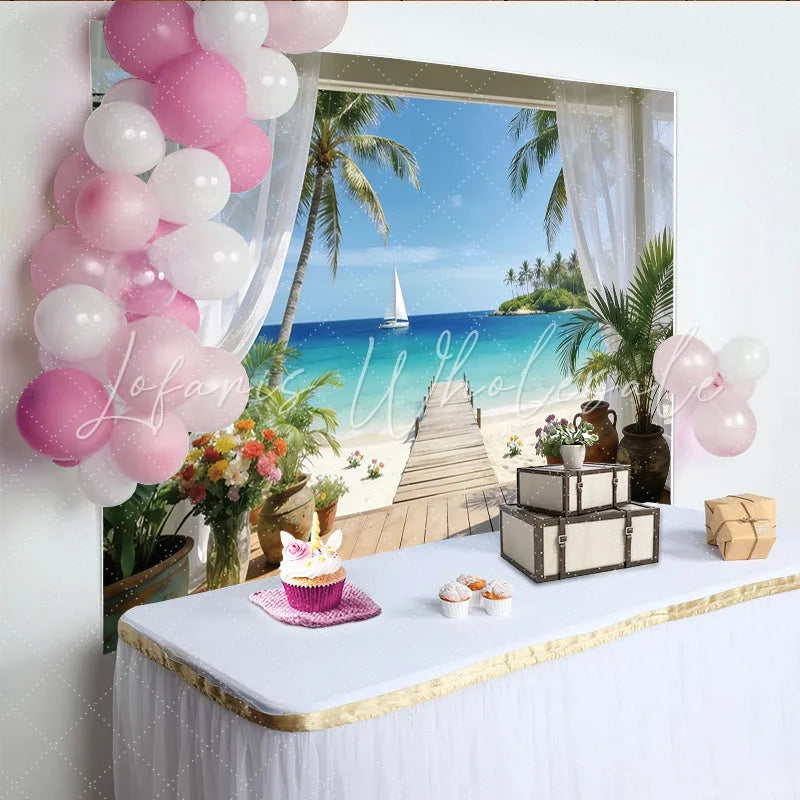 Lofaris Serene Tropical Beach Photography Backdrop with Wooden Pier Stunning Ocean View Background for Studio Photoshoot and Room Decor