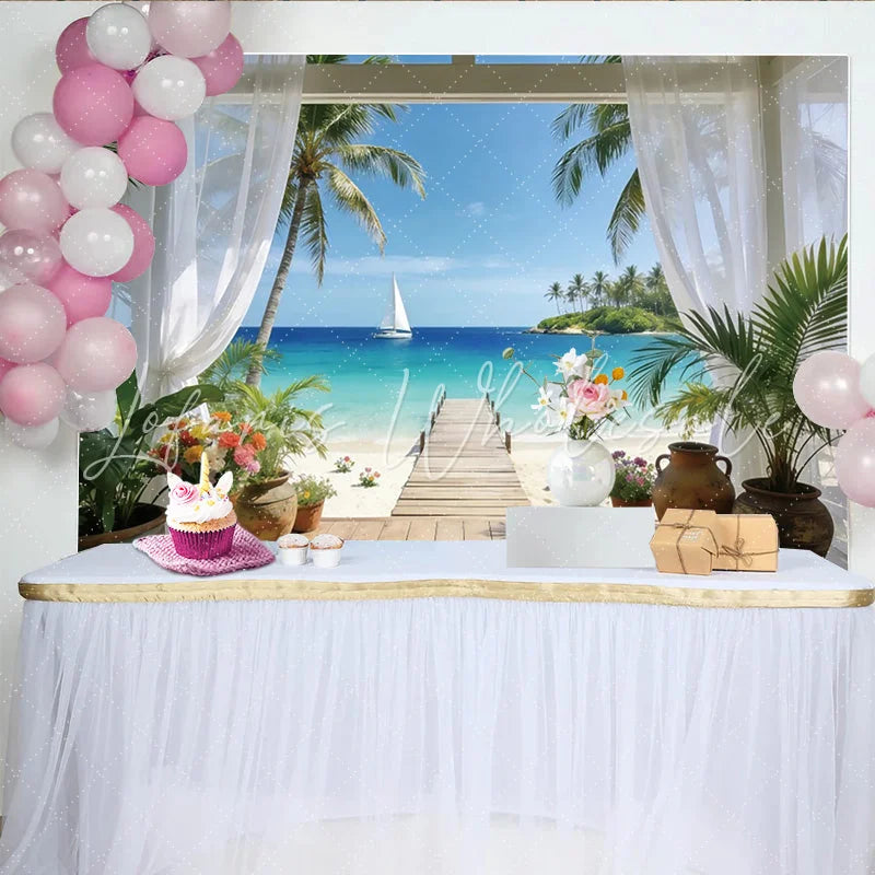 Lofaris Serene Tropical Beach Photography Backdrop with Wooden Pier Stunning Ocean View Background for Studio Photoshoot and Room Decor